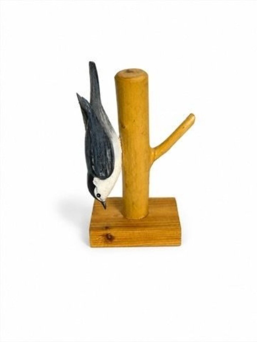 Hand Carved Bird Statue Wood Nuthatch on Limb Signed Larry Smith Primitive Handc